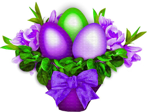 Basket.Eggs.Flowers.Purple.Green - Free PNG