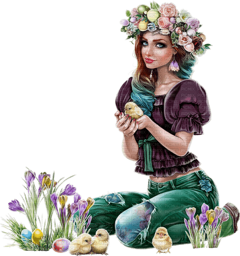 Woman. Easter. Spring. Flowers. Leila - безплатен png