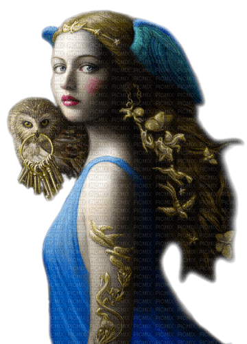Woman.Owl.Fantasy.Blue.Gold - KittyKatLuv65 - δωρεάν png
