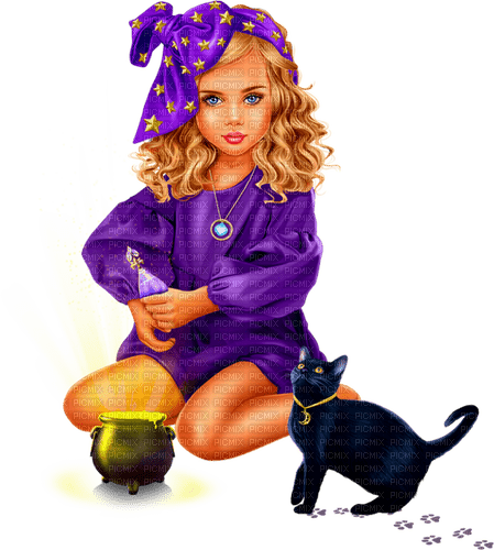 Girl.Witch.Magic.Halloween.Cat.Child.Purple.Black - Free PNG