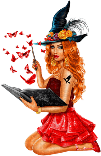 Woman.Witch.Butterflies.Halloween.Red.Black - png gratuito