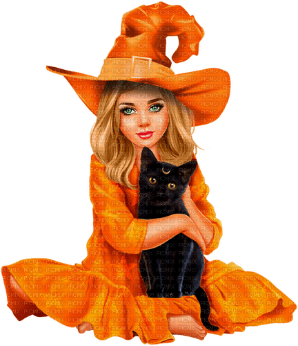 Girl.Witch.Child.Cat.Halloween.Orange.Black - besplatni png