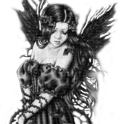 Y.A.M._Gothic fantasy angel black-white - Free PNG