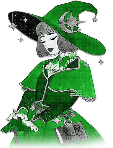 soave halloween witch anime girl black white green - фрее пнг