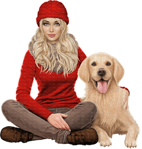 Femme avec bonnet rouge et un chien - Free PNG
