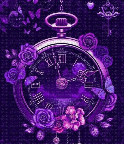 purple clock floral butterfly background - фрее пнг
