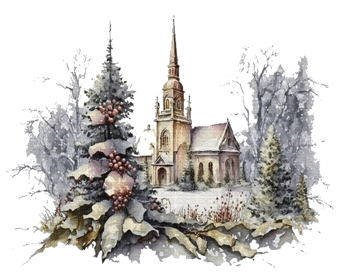 hiver, église, winter, church, watercolor - Бесплатни анимирани ГИФ
