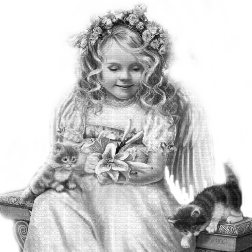 Y.A.M._Fantasy girl angel cats black-white - Free PNG