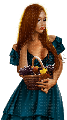 Woman with fruit basket. Grapes. Leila - PNG gratuit