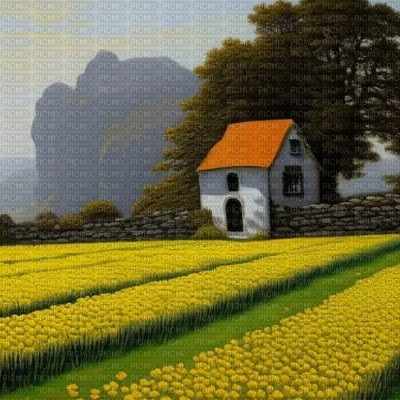 Daffodil Field and Old Cottage - png grátis