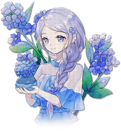 soave anime girl flowers blue green - 免费PNG
