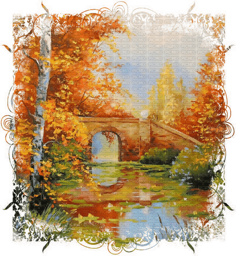 autumn, bridge, orange, water - bezmaksas png