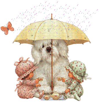 Trio sous parapluie - Chien et bb - GIF animado grátis