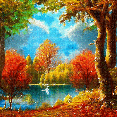 kikkapink painting autumn water forest vintage - Bezmaksas animēts GIF