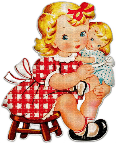 Petite fille vintage avec sa poupée - фрее пнг