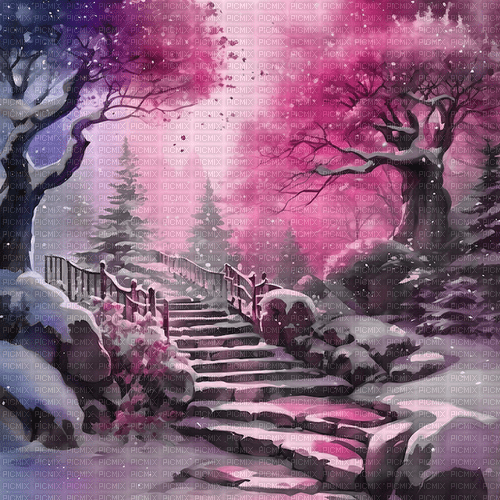 SM3 PINK WINTER STAIRS FOREST LANDSCAPE - PNG gratuit