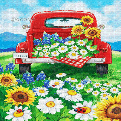 soave background animated vintage car field spring - GIF animé gratuit