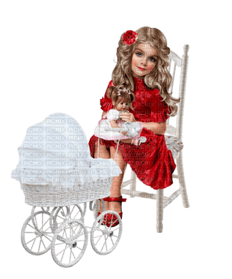 minou-girl-flicka-red-sitter på stol-sitting-chair-dockvagn-doll carriage - gratis png