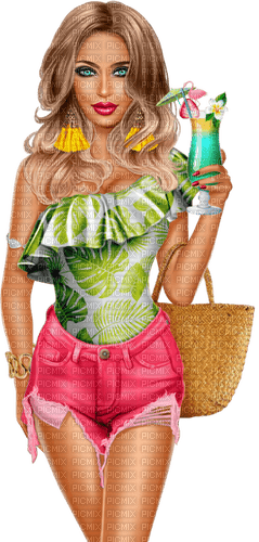 kikkapink summer woman pink cocktail green - PNG gratuit