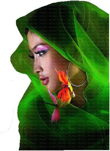 kvinna-woman-ansikte-face-green hood-kapuschong - GIF animado grátis