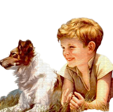 Vintage boy and dog - 無料png