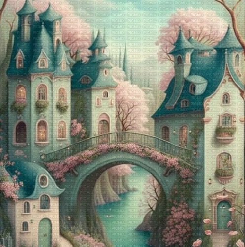 fantasy city blue teal pink background - gratis png