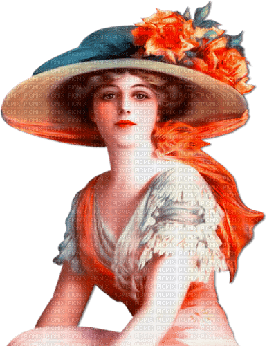 soave woman vintage hat flowers blue orange - PNG gratuit
