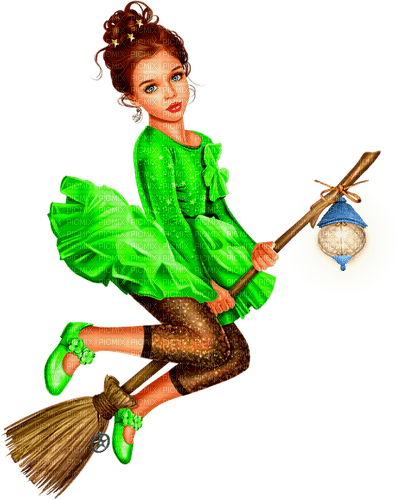 Girl.Witch.Child.Broom.Halloween.Green.Black - 免费PNG