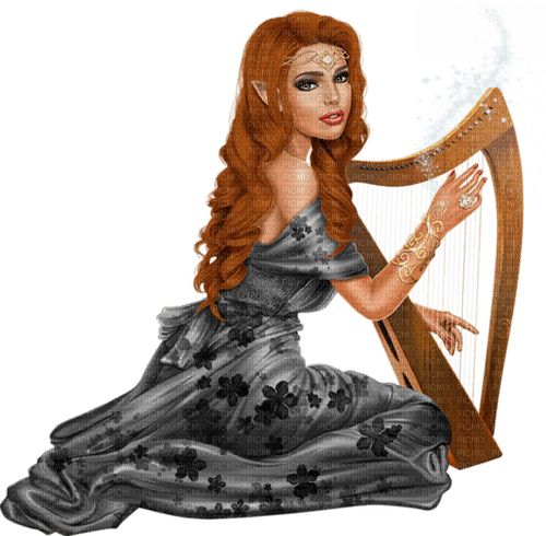Alv. Woman playing harp. Black dress. Leila - Free PNG