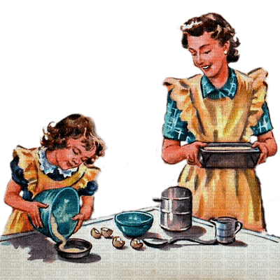 vintage mother child girl cooking paintinglounge - png ฟรี