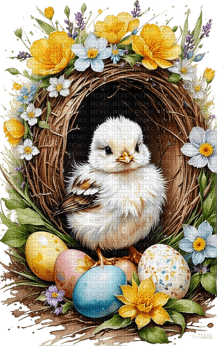Spring, Easter, bird, chicken, flowers. Leila - δωρεάν png