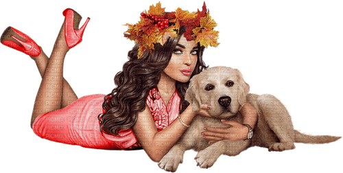 Woman, dog, autum. Leila - Free PNG