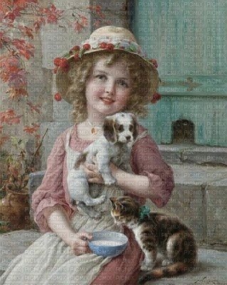 Petite fille avec le chat et chien - PNG gratuit