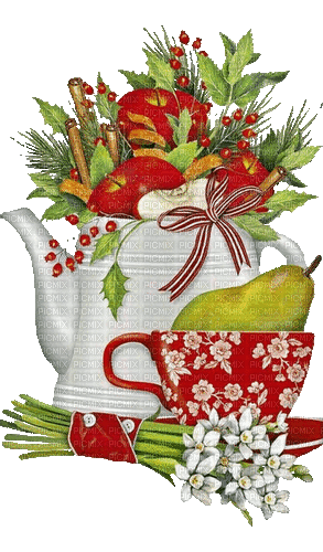 Kanne, Äpfel, Birne, Blumen, Tasse - Darmowy animowany GIF