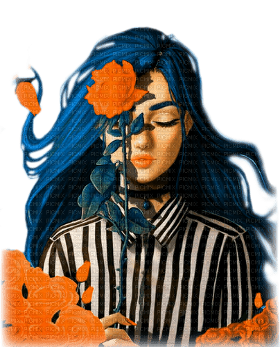 Woman.Roses.Fantasy.Blue.Orange - KittyKatLuv65 - Free PNG