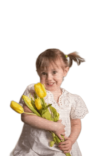 Petite-fille avec des tulipes jaunes - 無料png
