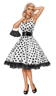 kvinna-prickig klänning-svartvit - png ฟรี