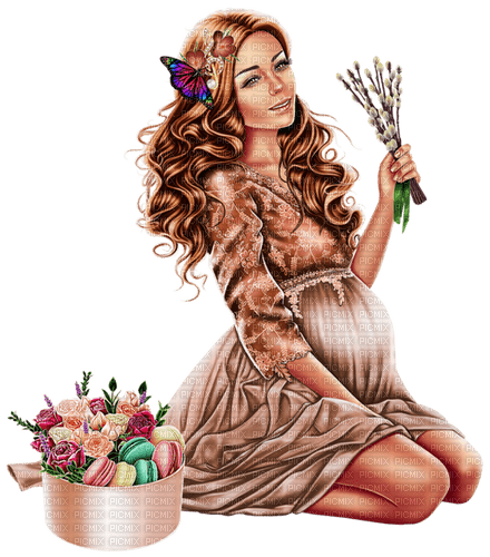 Pregnant woman. Brown. Flowers. Cakes. Leila - bezmaksas png