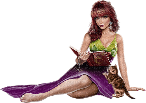Woman reading. Cat. Book. Leila - PNG gratuit