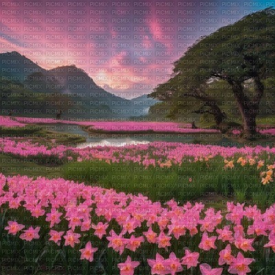 Pink Daffodils and Mountains Landscape - kostenlos png