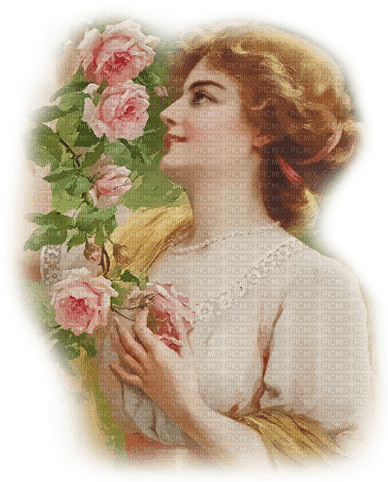 soave woman vintage flowers rose garden pink green - 無料png