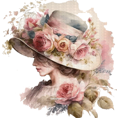 watercolor girl hat, roses - GIF เคลื่อนไหวฟรี