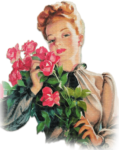 soave woman vintage flowers rose pink green brown - PNG gratuit