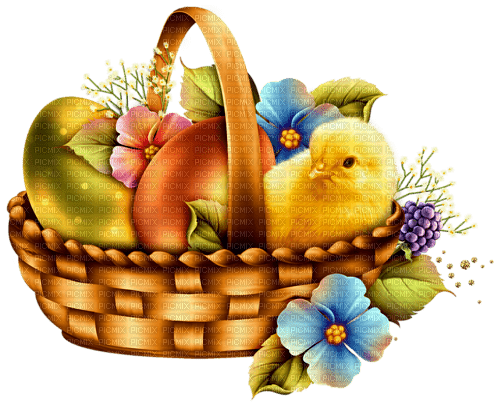 Basket.Eggs.Flower.Chick.Yellow.Green.Blue.Orange - ilmainen png