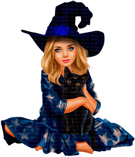 Girl.Witch.Halloween.Cat.Child.Blue.Black - бесплатно png