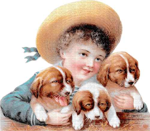 Vintage boy and puppies - kostenlos png