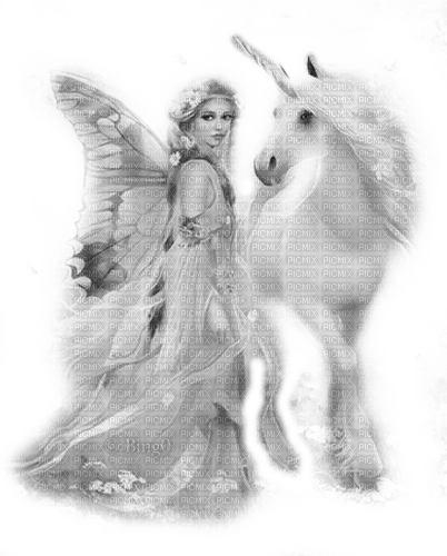 Y.A.M._Fantasy fairy unicorn black-white - PNG gratuit