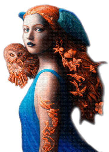 Woman.Owl.Fantasy.Blue.Orange - KittyKatLuv65 - 無料png