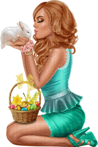 Woman with her rabbit. Easter. Spring. Leila - ücretsiz png