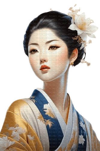 asian woman blue gold flower - gratis png